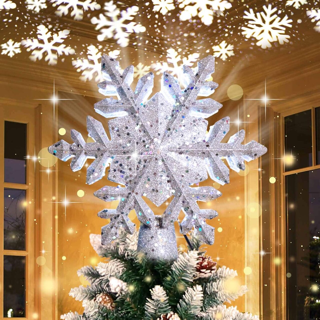 Christmas Tree Topper Lighted with LED Rotating Silver Snowflake Decorations Projector Silver Snow Tree Topper Night Light Projector for Indoor Outdoor Christmas Tree Decorations